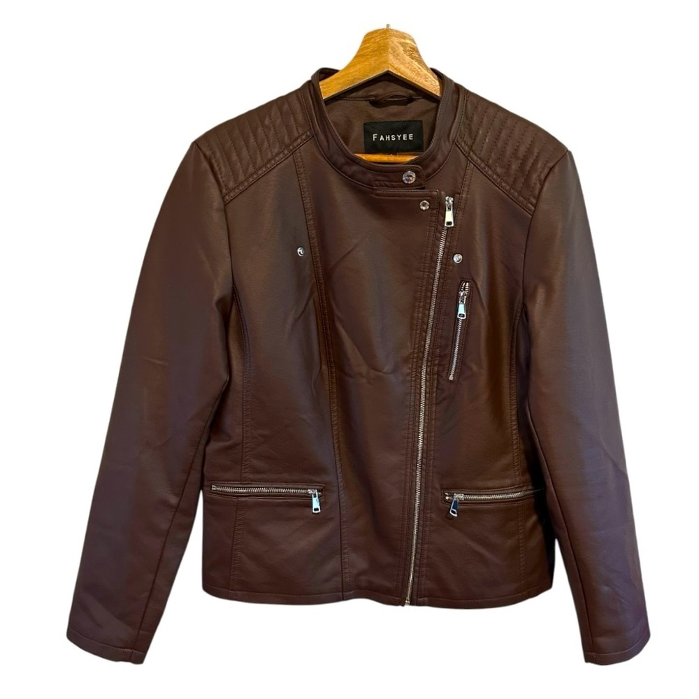 Fahsyee Women's Brown Faux Leather Moto Jacket Size Large